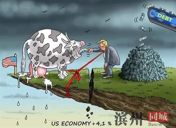 ▲[特朗普用债务来喂“奶牛”]美国总统特朗普用债务来喂奶牛，刺激经济增长。美国第二季度国内生产总值增速为4.1%，但专家警告，在债务高企和贸易战的影响下，经济增长难以为继。（美国卡格尔漫画网）